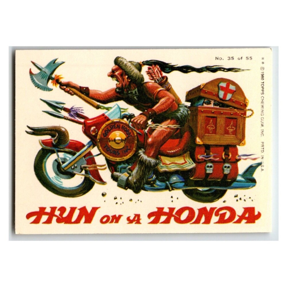 Weird Wheels Topps 1980 Hun On A Honda Sticker Card No. 35 of 55 Parody